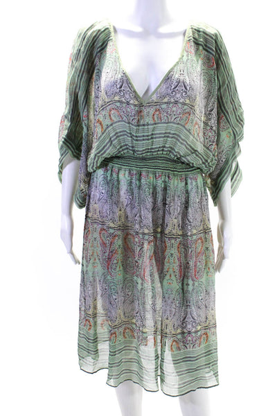 Calypso Womens Silk Paisley Print V-Neck Short Sleeve Midi Dress Green Size L