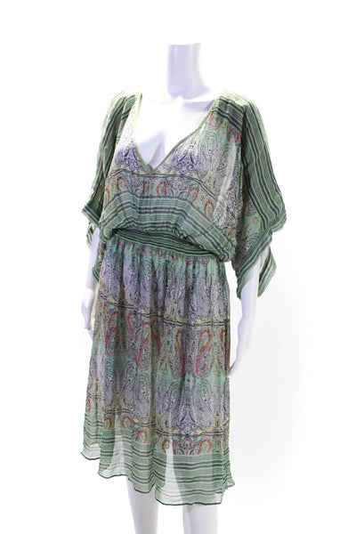 Calypso Womens Silk Paisley Print V-Neck Short Sleeve Midi Dress Green Size L