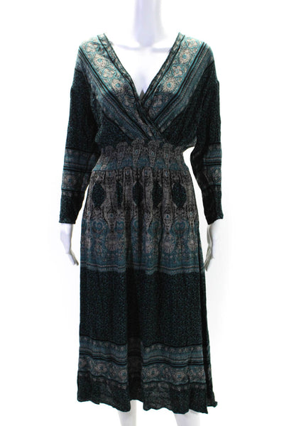 Free People Womens Abstract Print Ruched V-Neck Long Sleeve Dress Green Size S