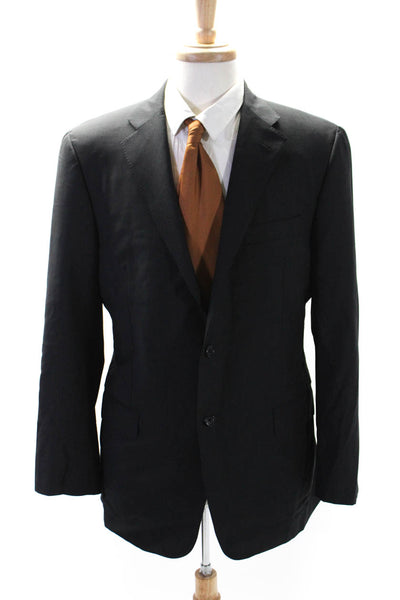 Hickey Freeman Mens Black Wool Pinstriped Two Button Long Sleeve Blazer Size 42R