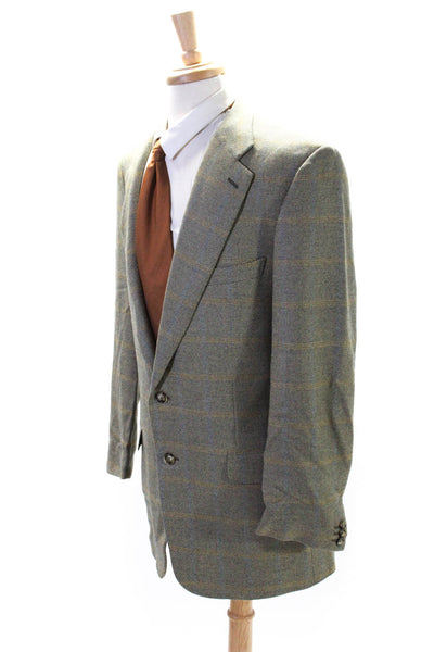 Ermenegildo Zegna Mens Beige Wool Plaid Two Button Long Sleeve Blazer Size 52L