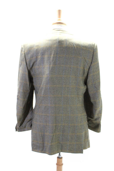 Ermenegildo Zegna Mens Beige Wool Plaid Two Button Long Sleeve Blazer Size 52L