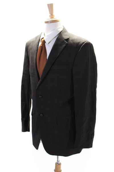 Hickey Freeman Mens Dark Brown Wool Plaid Two Button Long Sleeve Blazer Size 40R