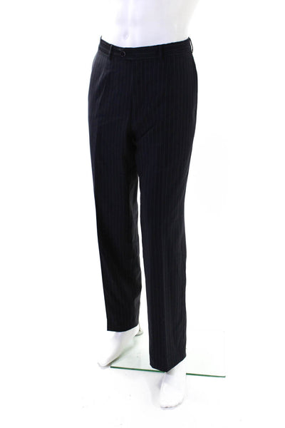 Ermenegildo Zegna Mens Navy Blue Wool Pintriped Blazer Pants Suit Set Size 52L