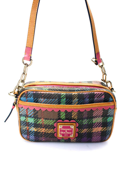 Dooney & Bourke Womens Leather Plaid Gold Tone Shoulder Handbag Multi Colored