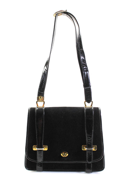 Lederer Women Patent Leather Trim Turnlock Flap Shoulder Bag Handbag Black Suede