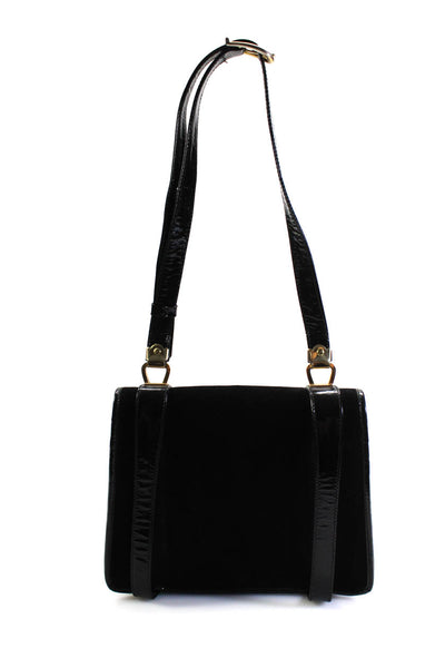 Lederer Women Patent Leather Trim Turnlock Flap Shoulder Bag Handbag Black Suede