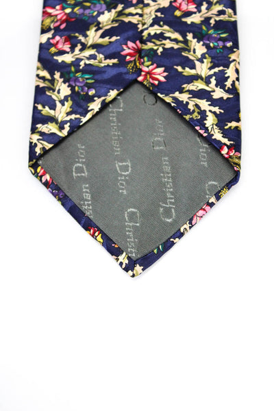 Christian Dior Mens Silk Floral Print Necktie Navy Blue Pink
