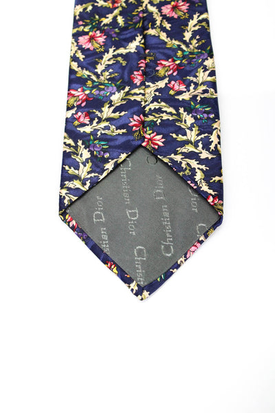 Christian Dior Mens Silk Floral Print Necktie Navy Blue Pink