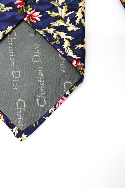 Christian Dior Mens Silk Floral Print Necktie Navy Blue Pink