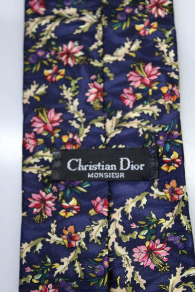 Christian Dior Mens Silk Floral Print Necktie Navy Blue Pink