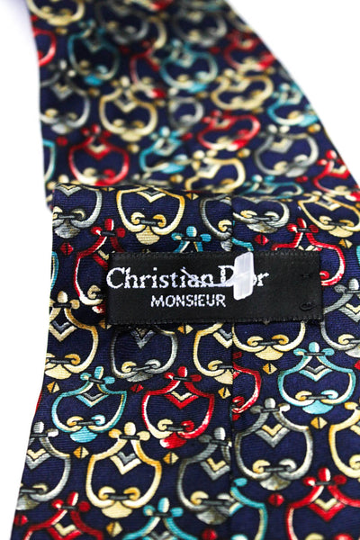 Christian Dior Mens Silk Printed Necktie Navy Blue Multi Colored