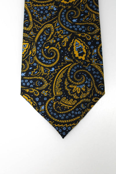 Berry Logan Mens Silk Paisley Print Necktie Navy Blue Yellow