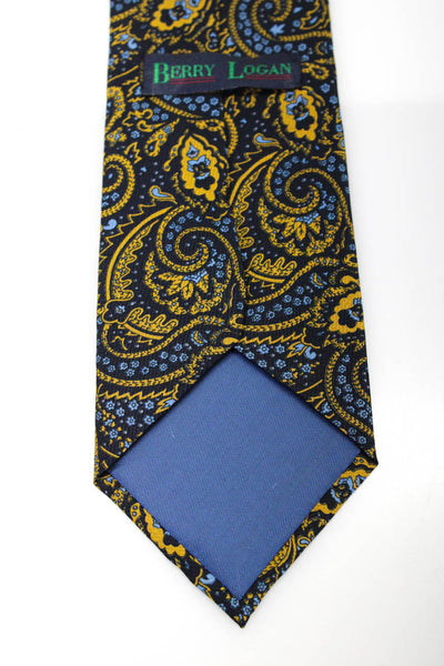 Berry Logan Mens Silk Paisley Print Necktie Navy Blue Yellow