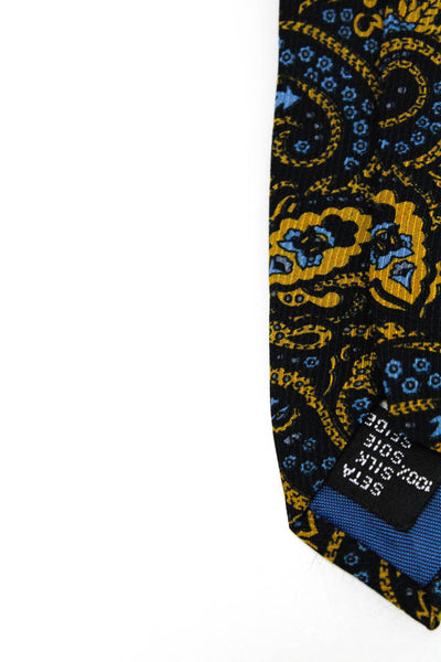 Berry Logan Mens Silk Paisley Print Necktie Navy Blue Yellow