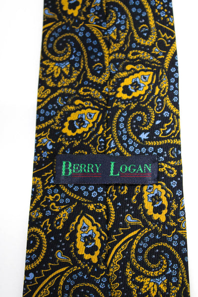 Berry Logan Mens Silk Paisley Print Necktie Navy Blue Yellow