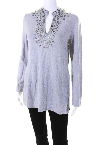 Tory Burch Women's Round Neck Beaded Long Sleeves Pullover Sweater Gray Size M