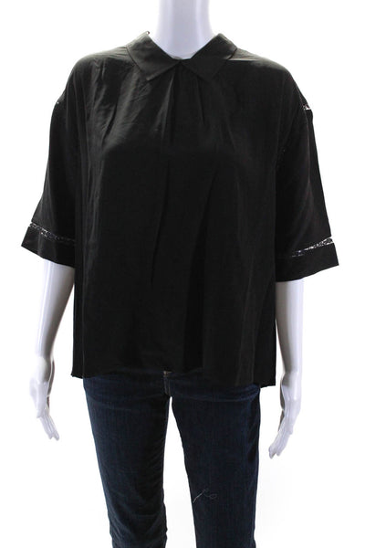 Chloe Womens Lace Trim Collared Short Sleeve Top Blouse Black Size Medium