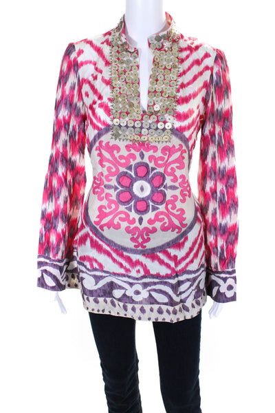 Tory Burch Womens Silk Abstract Print Sequin Collared Tunic Multicolor Size 6