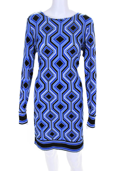 Michael Michael Kors Womens Blue Printed Crew Neck Long Sleeve Shift Dress SizeS