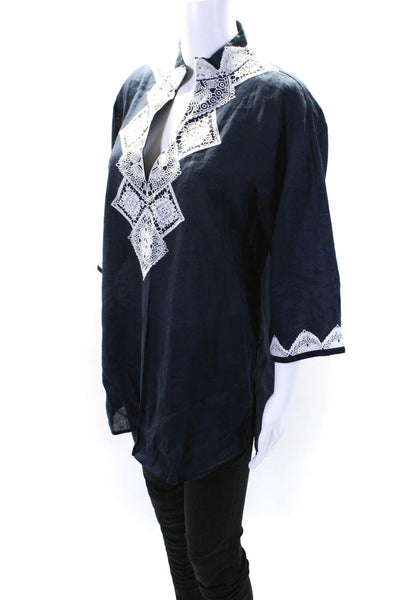 Tory Burch Womens Linen Embroidered V-Neck Long Sleeve Tunic Top Navy Size S