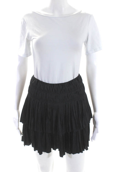 Ulla Johnson Womens Satin Smocked Waist Unlined Short Tiered Skirt Black Size 2