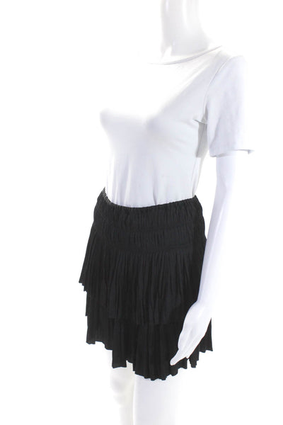 Ulla Johnson Womens Satin Smocked Waist Unlined Short Tiered Skirt Black Size 2