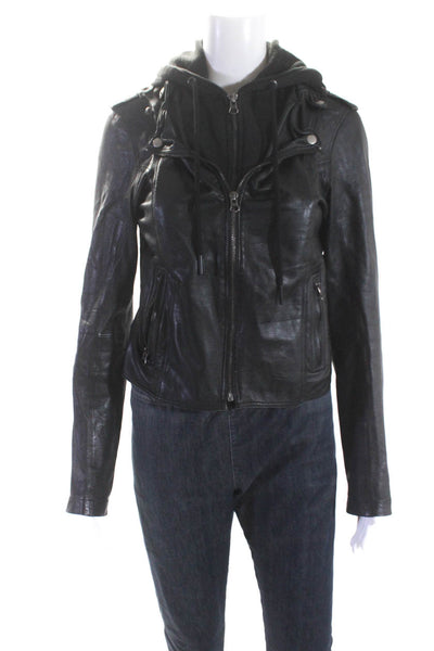 JKT Womens Leather Terry Lined Layered Full Zip Hooded Biker Jacket Black Size S