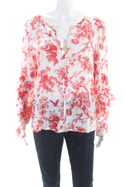 Club Monaco Womens Floral Print Woven V-Neck Long Sleeve Blouse Top White Size M