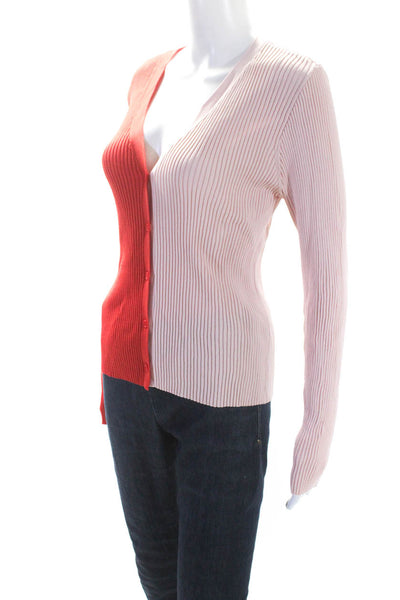 Staud Womens Ribbed Knit Two Tone V-Neck Button Up Cardigan Sweater Pink Size L