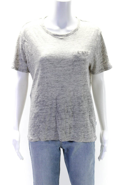 ONIA Womens Linen Striped Print Round Neck Short Sleeve Pullover Top Gray Size M