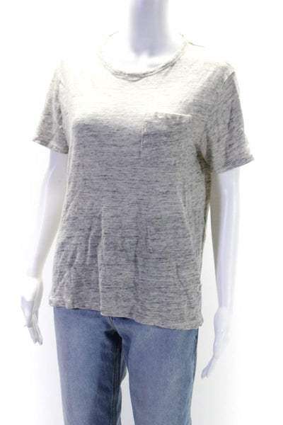 ONIA Womens Linen Striped Print Round Neck Short Sleeve Pullover Top Gray Size M