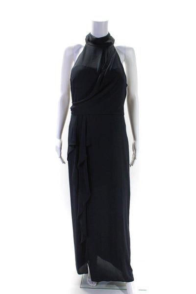 Halston Womens High Neck Sleeveless Zip Up High-Low Dress Navy Size 10