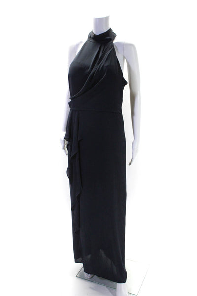 Halston Womens High Neck Sleeveless Zip Up High-Low Dress Navy Size 10