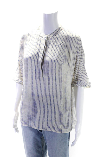 Vince Womens Silk Blurred Striped V-Neck Short Sleeve Blouse Top White Size M