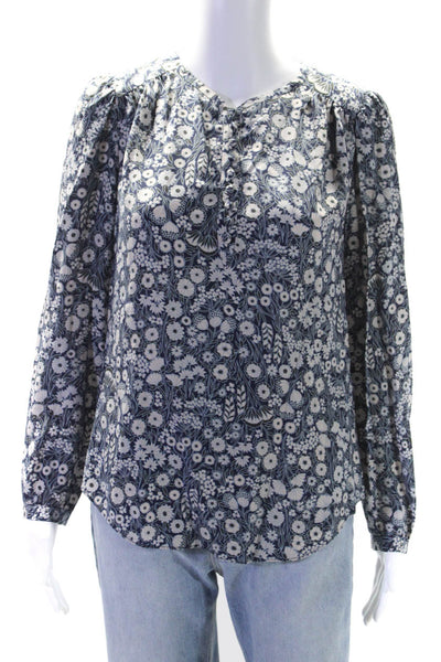 Rebecca Taylor Womens Silk Crepe Floral Printed V-Neck Blouse Top Blue Size M