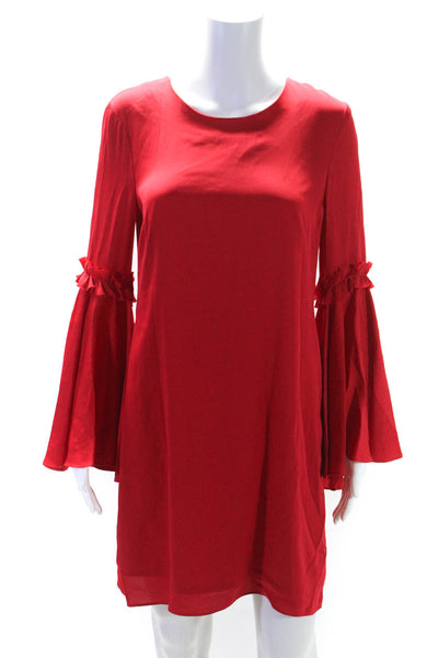 Milly Womens Silk Satin Bell Long Sleeve Scoop Neck Shift Dress Red Size 8