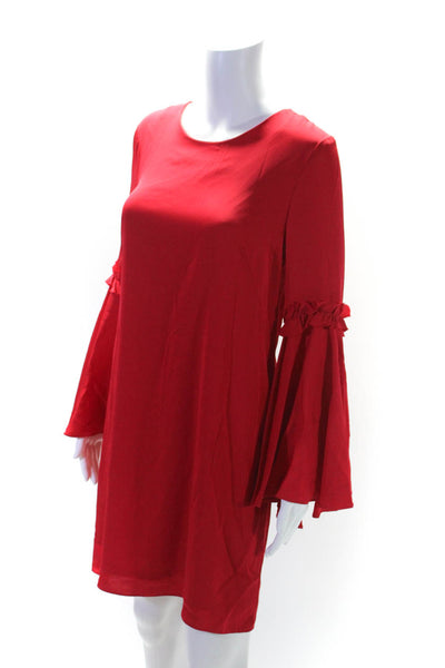 Milly Womens Silk Satin Bell Long Sleeve Scoop Neck Shift Dress Red Size 8