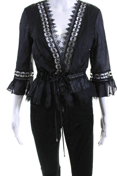 Charo Ruiz Women's Short Sleeves Cinch Waist Lace Trim Blouse Black Size S