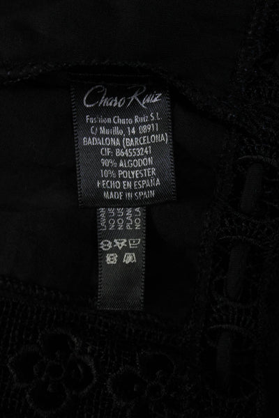 Charo Ruiz Women's Short Sleeves Cinch Waist Lace Trim Blouse Black Size S