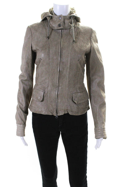 Vince Womens Dark Beige Leather Hooded Full Zip Long Sleeve Jacket Size S
