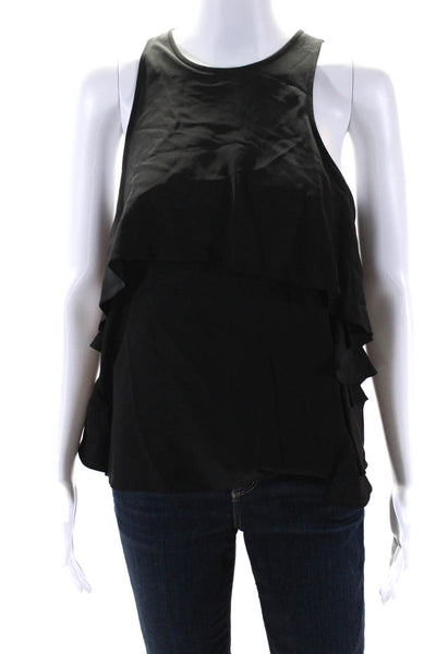 Tibi Womens Silk Ruffle Detail Round Neck Pullover Tank Top Blouse Black Size 6