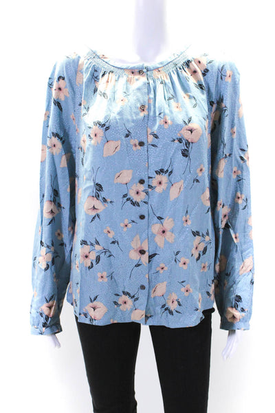 Rebecca Taylor Womens Silk Blend Floral Print Button Up Blouse Top Blue Size 12