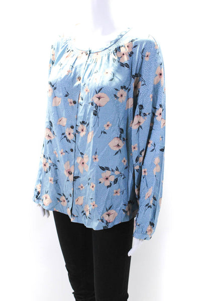 Rebecca Taylor Womens Silk Blend Floral Print Button Up Blouse Top Blue Size 12