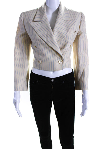 Lanvin Womens Wool Striped Print Cropped Double Breasted Jacket Cream Size 36