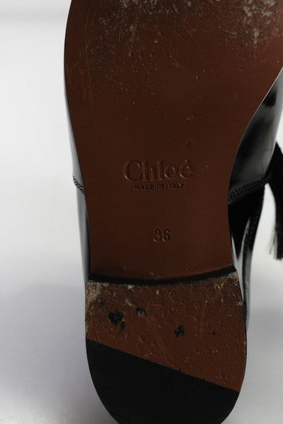 Chloe Womens Leather Round Toe Fringed Lace-Up Slip-On Mules Black Size EUR36
