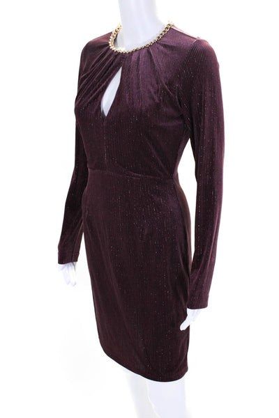 LDT Womens Metallic Velvet Long Sleeve Keyhole Mini Sheath Dress Purple Size 4