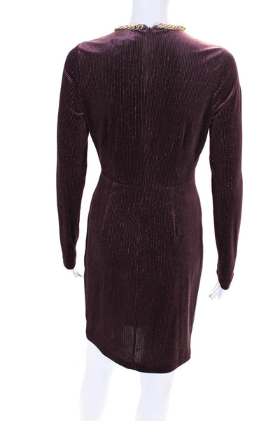 LDT Womens Metallic Velvet Long Sleeve Keyhole Mini Sheath Dress Purple Size 4