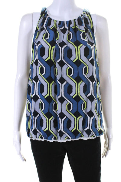 Trina Turk Womens Silk Geometric Bubble Hem Sleeveless Tank Blouse Blue Size M