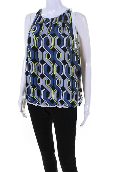 Trina Turk Womens Silk Geometric Bubble Hem Sleeveless Tank Blouse Blue Size M